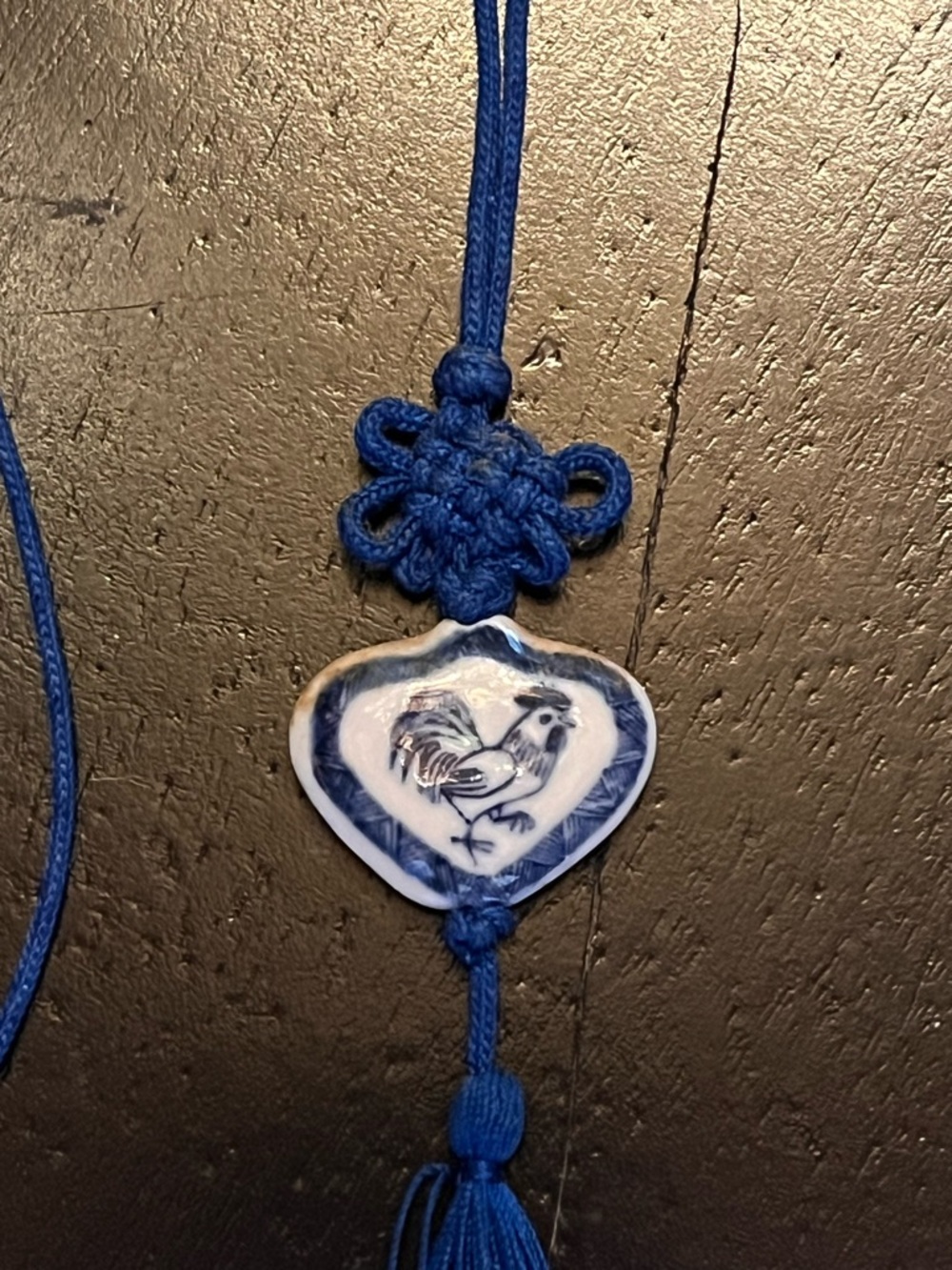 Vintage Blue and White Ceramic Rooster Heart Charm with Tassel